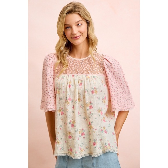 BiBi Tops - BiBi Crinkle Floral Gauze Mix And Matched Blouse Top - Cream/Pink - Medium